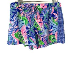 Lilly Pulitzer Womens XL Blue Pink Green Tie Waist Tropical Shorts Resort Beach